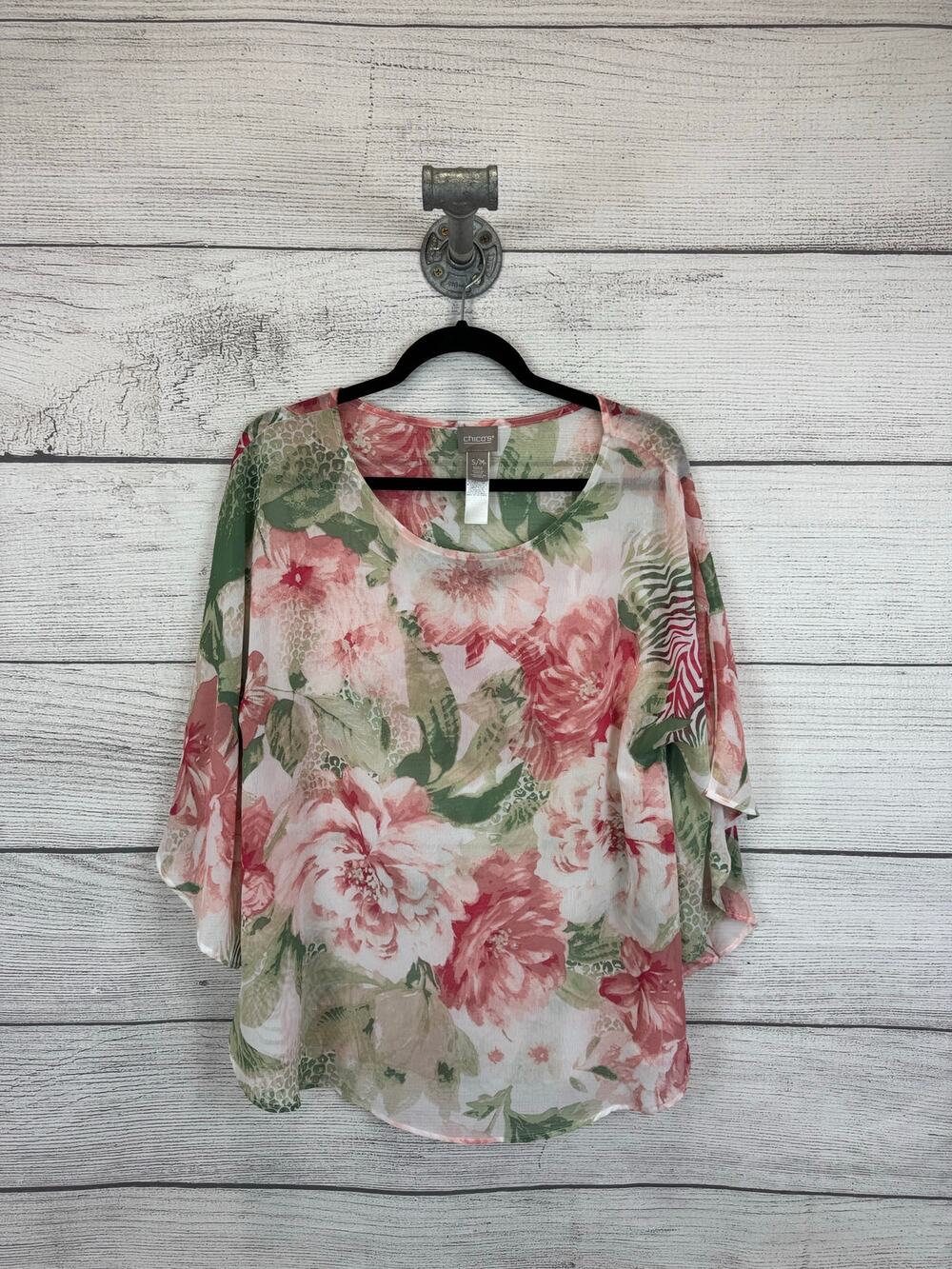 Chico's Women's Pink & Green Floral Lightweight Poncho Sheer Top Size S/M